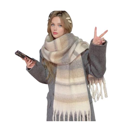 Winter Scarf Cashmere Feel Plush Scarf with Tassel Decoration Thickened Warm Plaid Pattern Winter Long Scarf