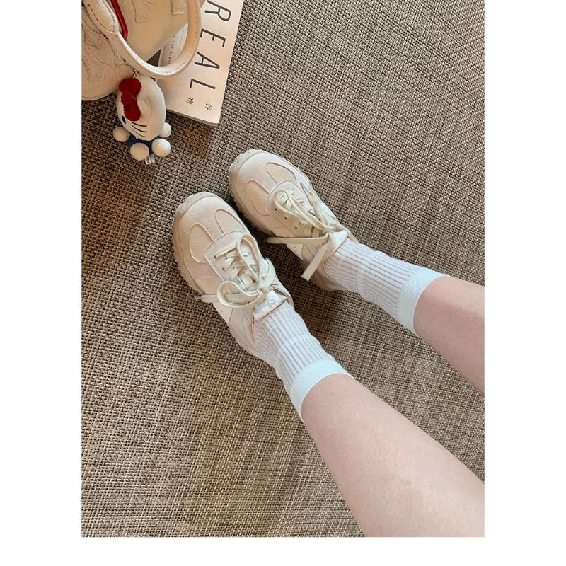 Cowhide version 7cm inner height increase casual sports shoes women's invisible pull legs splicing round head lace-up