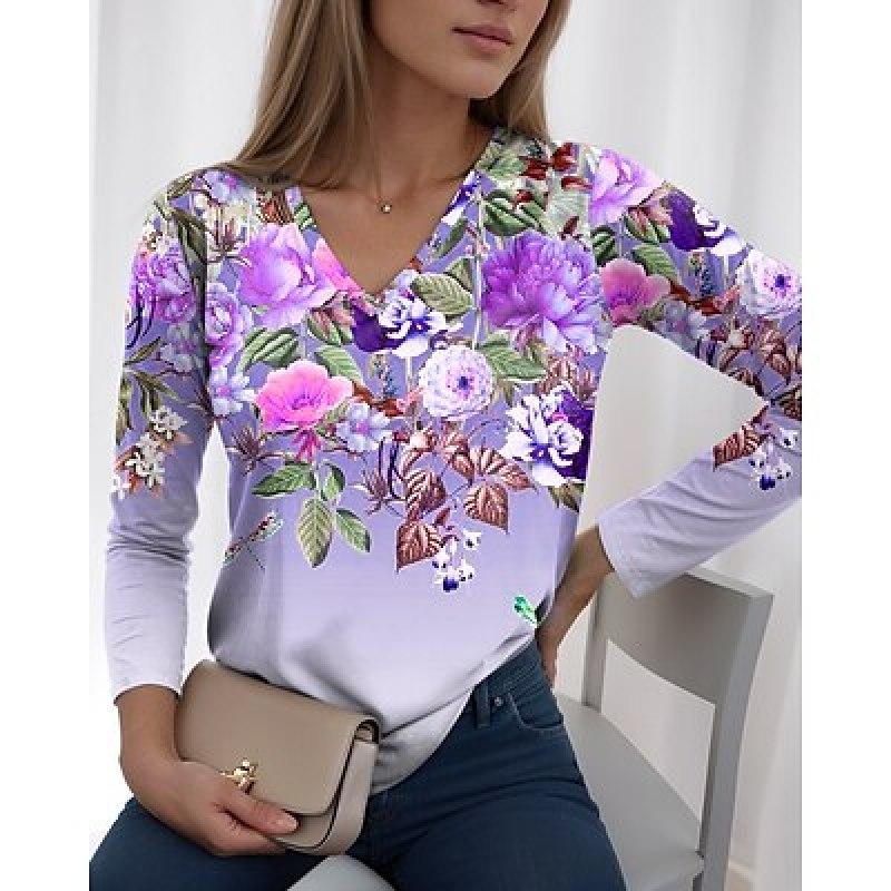 Women's T shirt Tee Floral Holiday Weekend Pink Blue Purple Print Long Sleeve Fashion V Neck Regular Fit Spring &  Fall