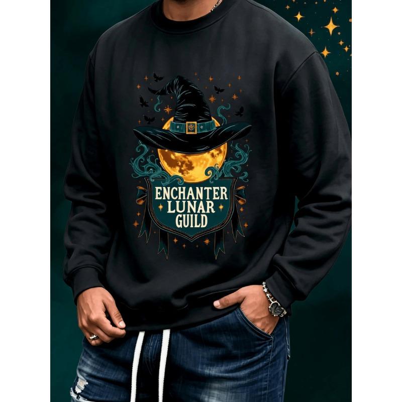 Men's Graphic Print Crew Neck Sweatshirt With Enchanter Lunar Guild Witch Hat Moon Halloween, Loose Fit Streetwear.