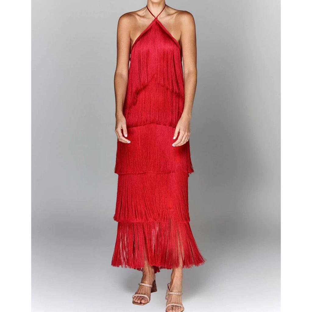 European American Fashion Halter Backless Slit Tassel Maxi Dress for Women