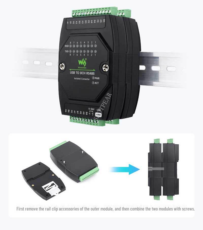 USB To 8-Channel RS485 Industrial Isolated Converter with 35mm Rail/Stack Installation Support