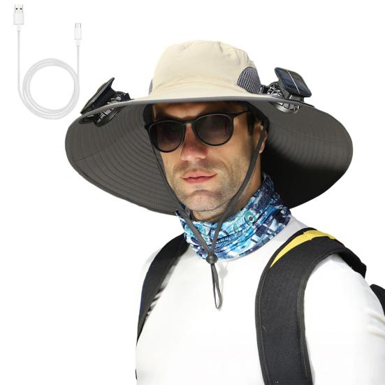 Outdoor Hat with Dual Power Supply Wide Brim Sun Hat with Built-in Solar Fan Fishing Hiking Gardening Hat