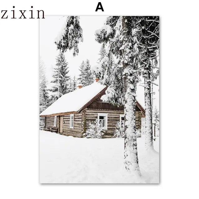 

Зимний снег, сосновый лес, олень, белка, дом, плакаты на скандинавскую тему, настенная живопись на холсте и принты, настенные панно для гостиной 21*30cm
