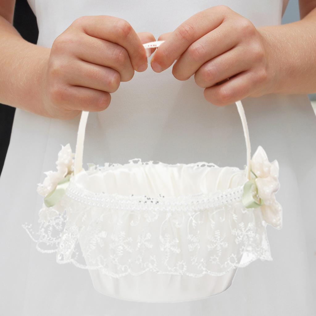 Flower Girl Basket Romantic Wedding Flower Basket with Foldable Handle for Party Decoration White