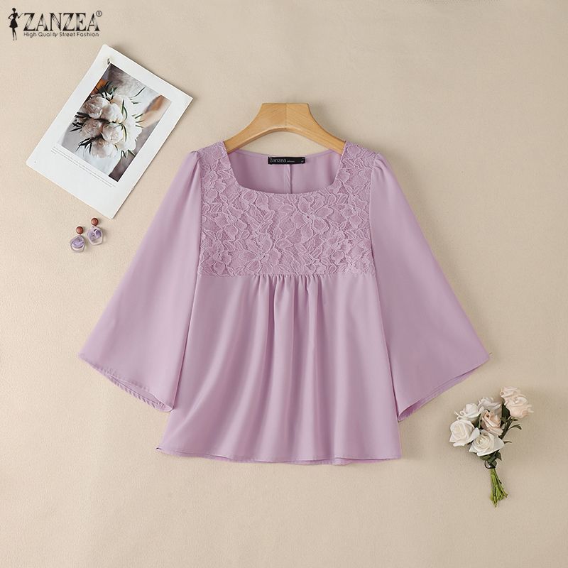 ZANZEA Women Lace Patchwork Square Collar 3/4 Sleeve Elegant Blouse