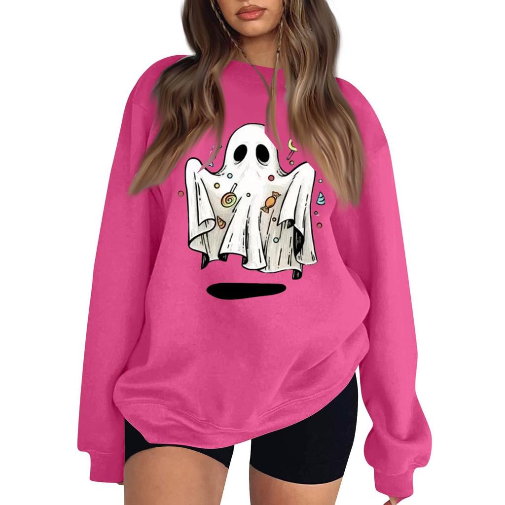 Women's Comfortable Casual Sweatshirt with Long Sleeve, Round Neck, Loose Fit, Small Halloween Print and Color Options