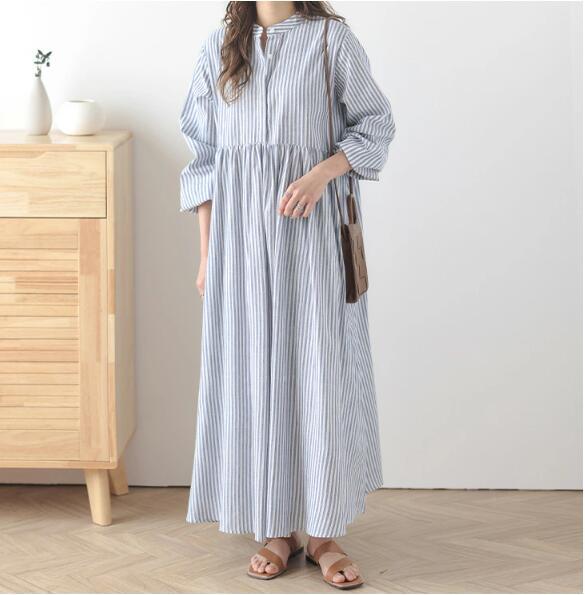 

Spring and summer new long-sleeved striped plaid small fresh single-breasted loose knee dress one size