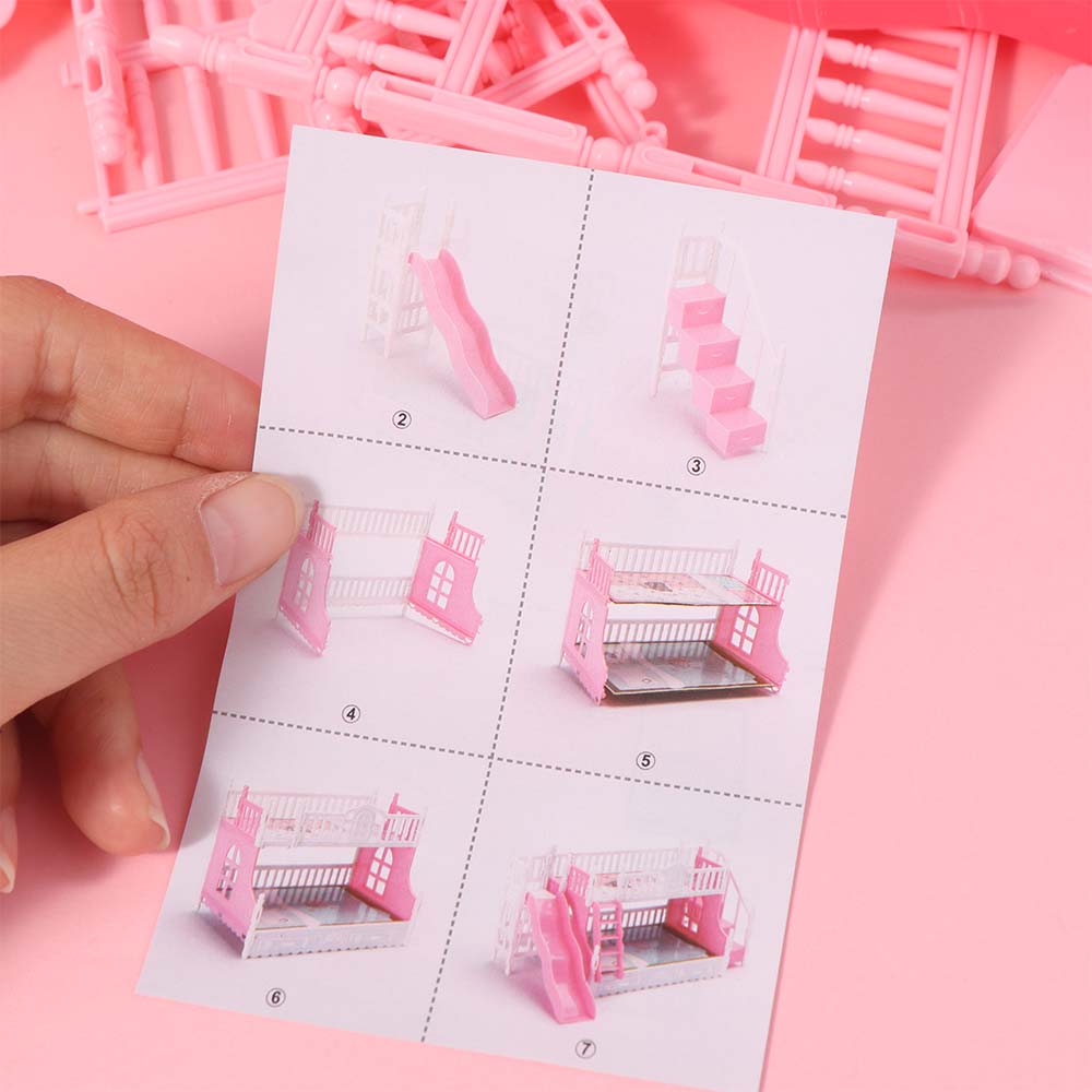 Pretend Play Dollhouse Bunk Bed Bedroom Decoration Simulation Doll Bed Princess With Slide Pink Color Dollhouse Furniture