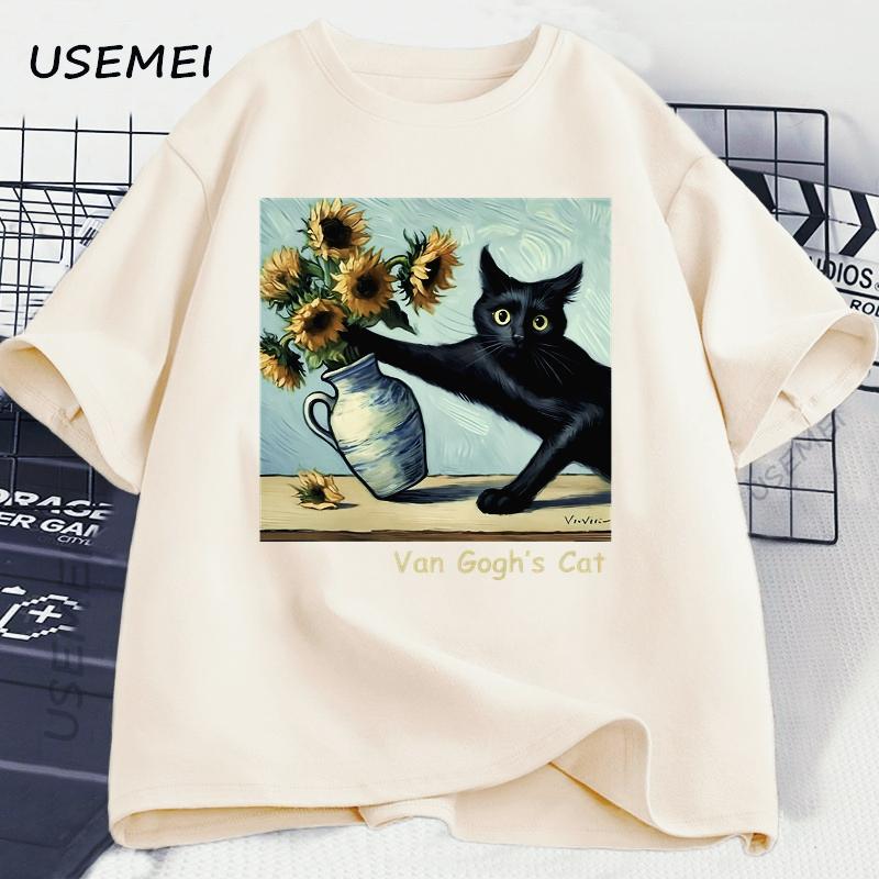 Van Gogh's Cat Art Print T Shirt Funny Graphci T Shirts Cotton Trendy Summer Loose Short Sleeved T-shirt Men Women Harajuku Top