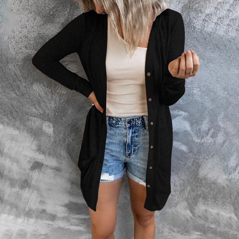 Solid Color Button Long Cardigan Coat Solid Color Buttons Long Cardigan Jacket
