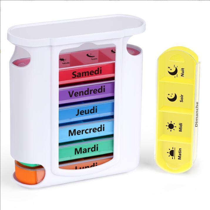 Weekly 28-Compartment Pill Organizer Box, Independent Drawers for Convenient Tablet Storage, PP Plastic.