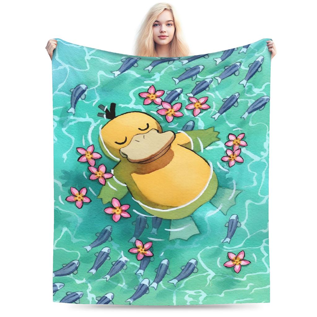 Warm Blanket Travel Office Manga Psyduck Printed Throw Blanket Pokemoned Flannel Bedspread For Outdoor Funny Sofa Bed Cover