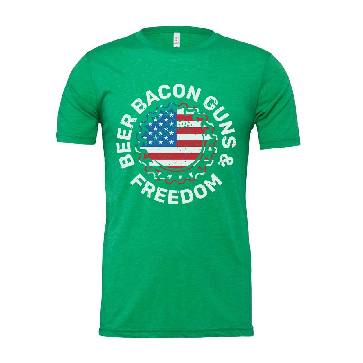 Unisex American Flag Graphic Tee With Beer Bacon Guns And Freedom Emblem Design M