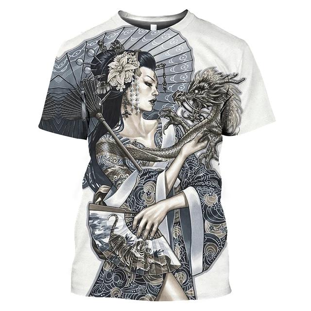 Summer Fashion Japanese Geisha Cool T Shirt Men Casual Fun Personality Harajuku Printed Round Neck Short Sleeve Streetwear Top