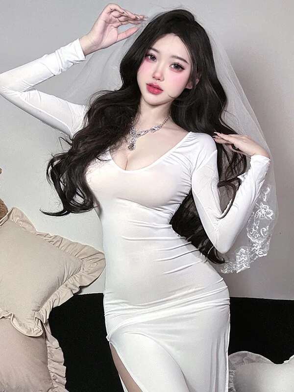 New Sexy Mesh Lace Sheer Long Dress V Neck Sweet Tops Slit Dress Pure Desire Uniform Sleeping Clothes  Dress Elegant 1E4K