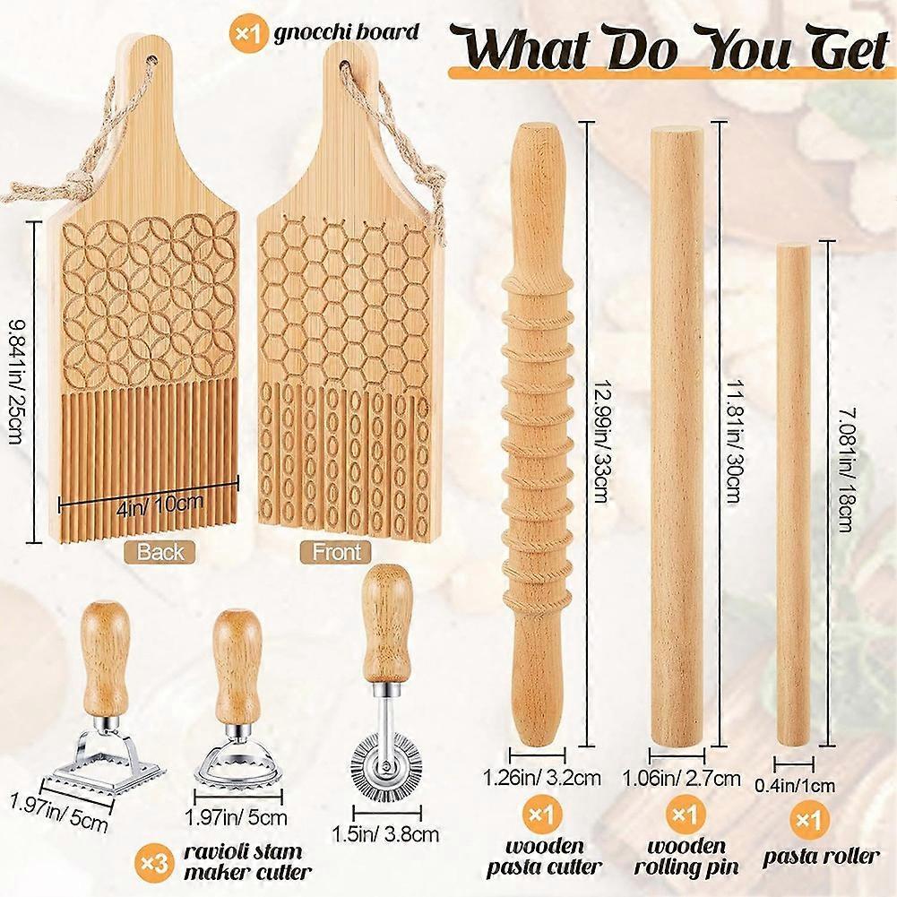 7-Piece Gnocchi Pasta Making Tools, Wooden Pasta Board with Ravioli Stamp and Rolling Pin Set, for Homemade Pasta