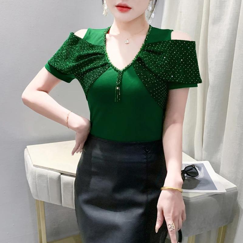 Summer Sexy Off Shoulder Beading T-shirt Women's Short Sleeves Tassels Design Tees New Cotton Female Tops