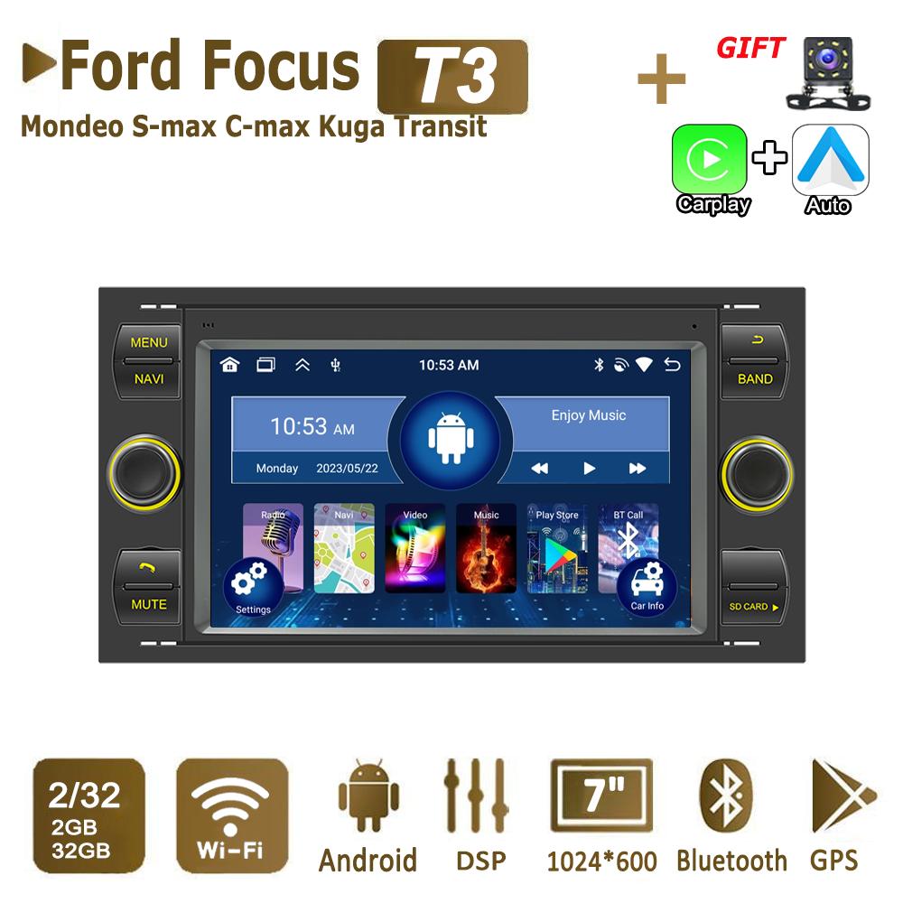 Android Bilradio Multimediaspelare För Ford Focus 2007 Mondeo S-max C MAX Kuga Galaxy Fiesta Transit Fusion 2 Din Carplay GPS Autoradio WiFi 4+64GB