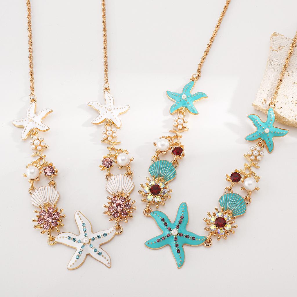 Summer Bohemian Wind Oil Drip Starfish Shell Necklace Beach Vacation Wind Diamond Pearl Collarbone Chain