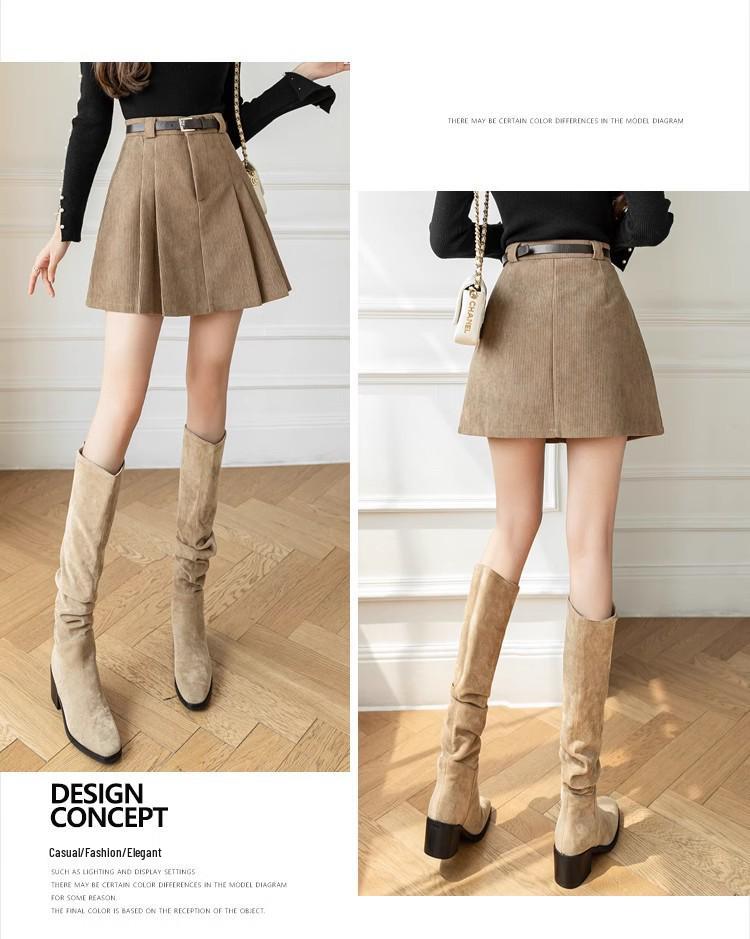 Women's High-Waist Khaki Corduroy A-Line Pleated Midi Skirt for Autumn/Winter 2025