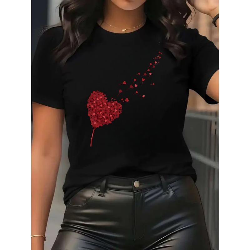 European Size Women'S Casual Sports T-Shirt, Round Neck T-Shirt, Red Heart with Falling Hearts, Scattered Heart T-Shirt,Valentine'S Day Gift