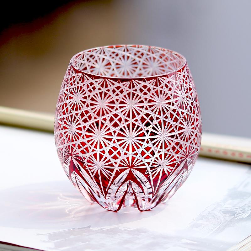 Handmade Edo Kiriko round Curved Rocks Glass Tumbler Colorful Japanese Style Whiskey Glasses with Gift Box for Cocktail Lovers