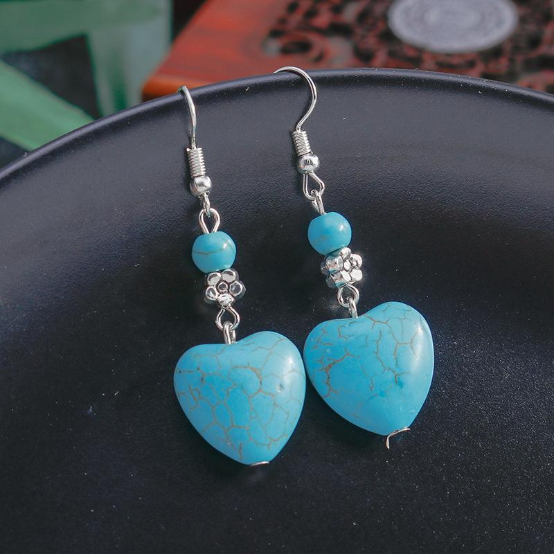 Ethnic Turquoise Love Heart Drop Earrings for Women Bohemian Natural Stone Dangle Earrings Girls Party Birthday Zircon Gifts