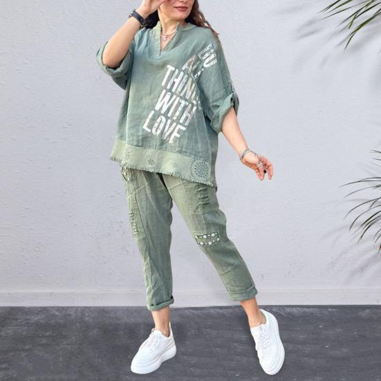 

Женский комплект из топа и брюк с V-образным вырезом и длинным рукавом с принтом и запонками, свободная футболка, однотонная