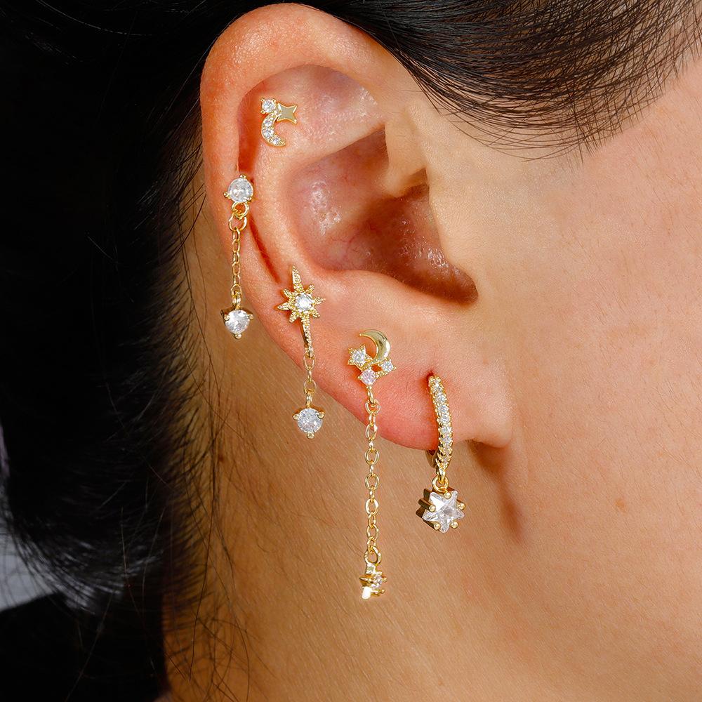 5pcs Sets Vintage Star Moon Zircon Earrings For Women Girls Luxury Delicate Small Long Tassel Stud Earrings Fashion Jewelry