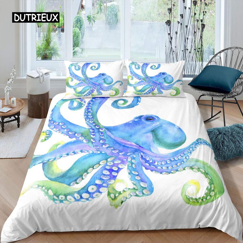 Octopus Duvet Cover Set Microfiber Green Octopus Tentacles Twin Bedding Set Sea Marine Theme Underwater Animal Comforter Cover