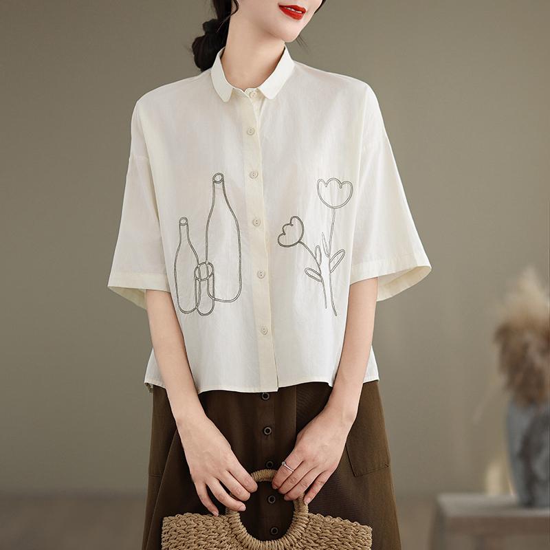 DIMANAF 2026 Women Plus Size New Summer Blouse Shirt Short Sleeve Embroidery Casual Loose Lady Tops Shirts Cotton