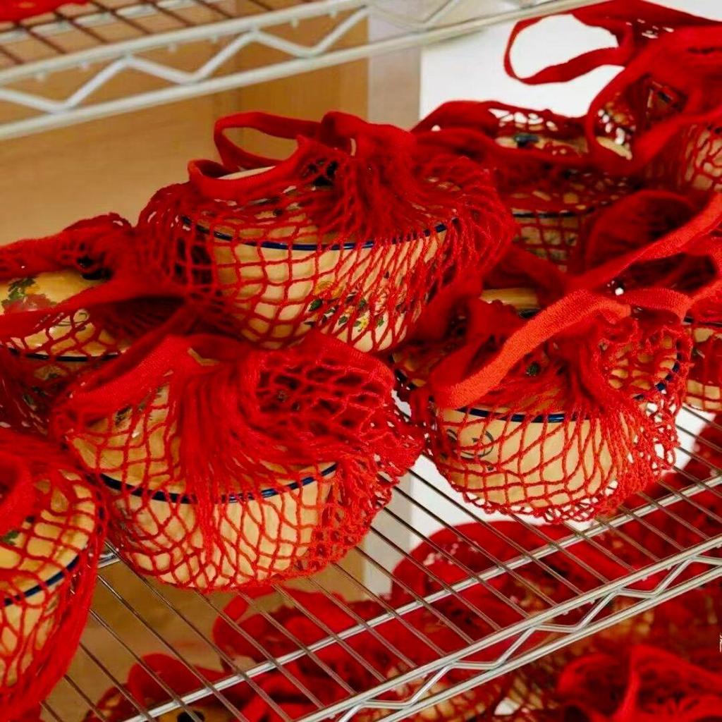 Beige Handheld Woven Mesh Shopping Bag - Polyester Cotton, Fruit Shoulder Tote