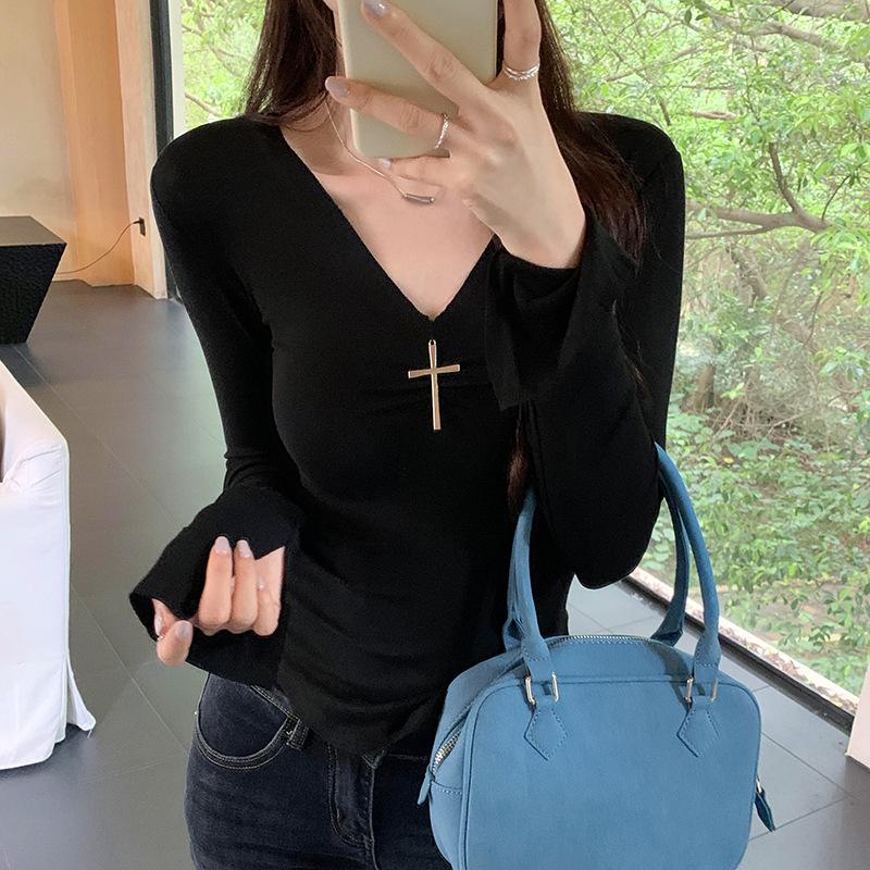 

Белая футболка с длинными рукавами и разрезом в виде креста для женщин, летний чистый похотливый стиль, тонкий, милый, горячий, девчачий, универсальный топ XL