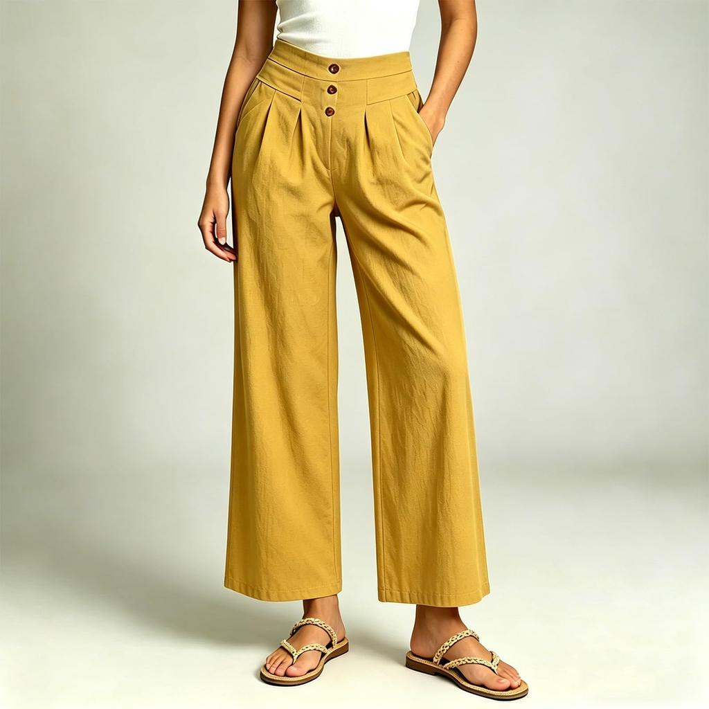 Women Casual Elastic Waist Wide Leg Pants High Waist Straight Leg Trousers with Button Detail and Side Pockets for Everyday Wear