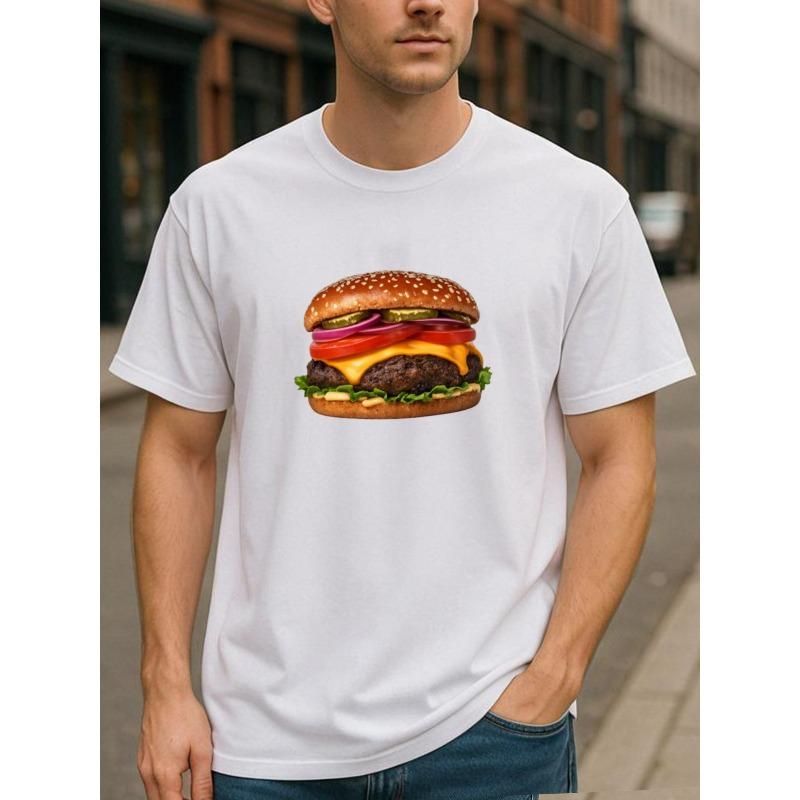 European sizes Hamburger Print | Men'S Casual Short-Sleeved Round-Neck T-Shirt, Versatile Daily Top, Medium Stretch Fabric, All-Season Wear