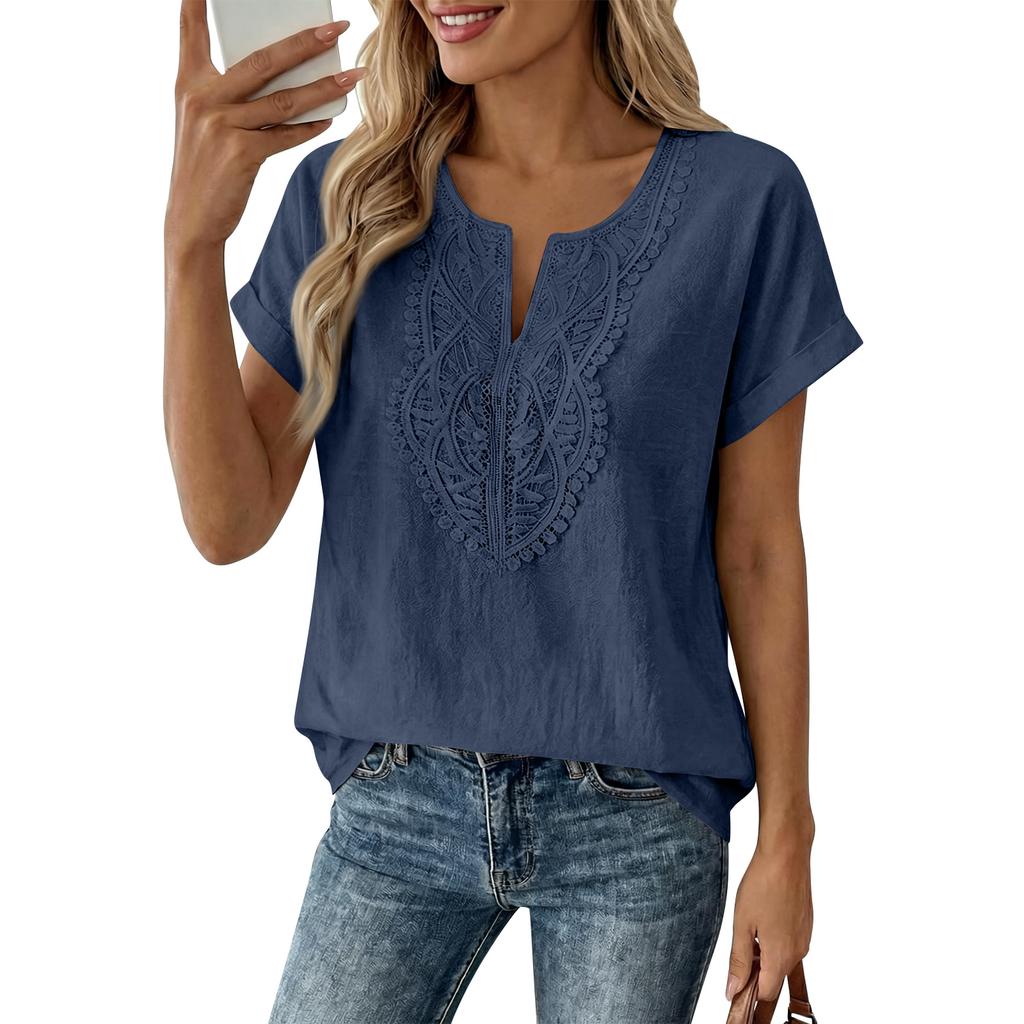 Womens Casual V Neck Short Sleeve Top Embroidered Bohemian Style Loose Fit Blouse Lightweight Summer Shirt for Daily Wear