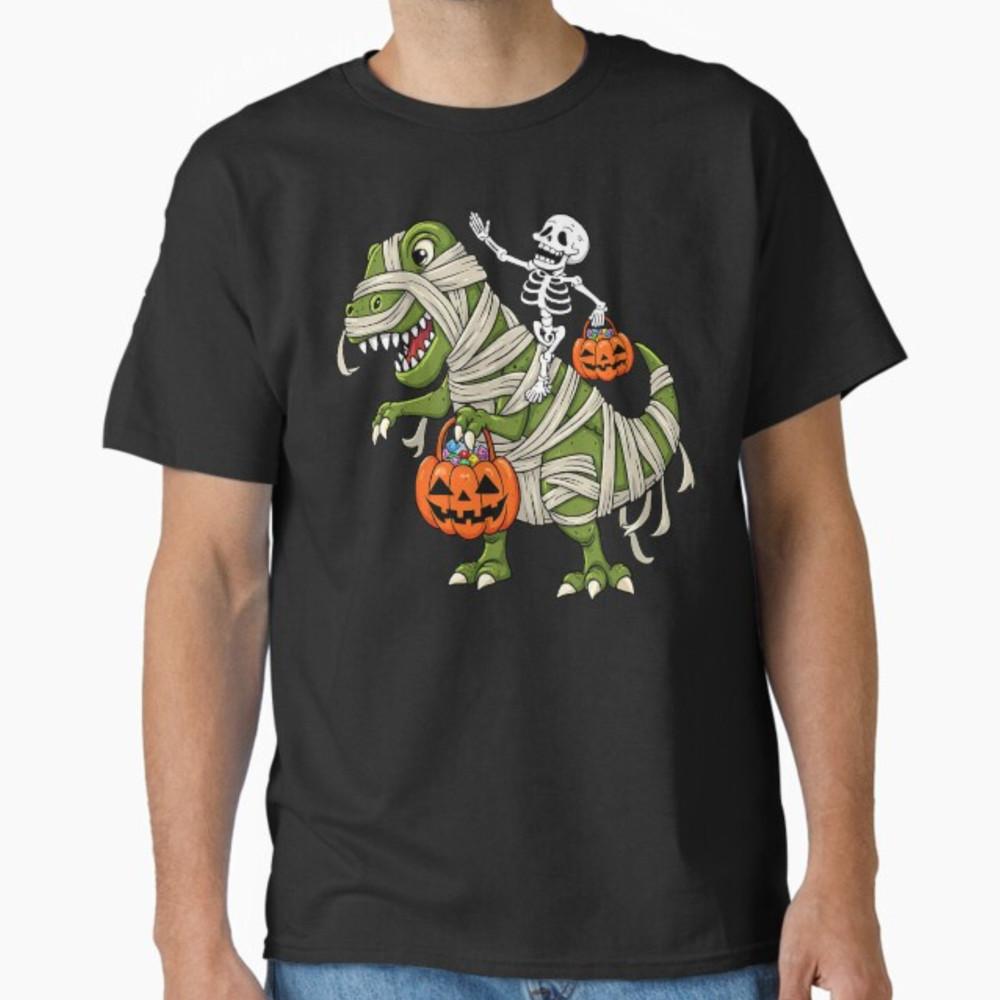 Skeleton Riding Mummy Dinosaur T rex Halloween Funny Pumpkin T-Shirt Unisex T-Shirt XL