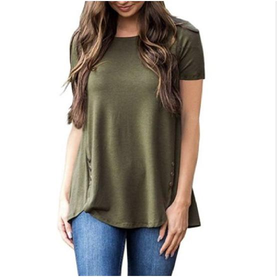 2026 Summer Women's Solid Color T-Shirt New Short Sleeve Button Round Neck Top