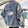 Jachetă denim ruptă albastră la modă, Y2K, streetwear, hip hop, blugi rupți cu găuri, motociclist, jachete de primăvară pentru bărbați