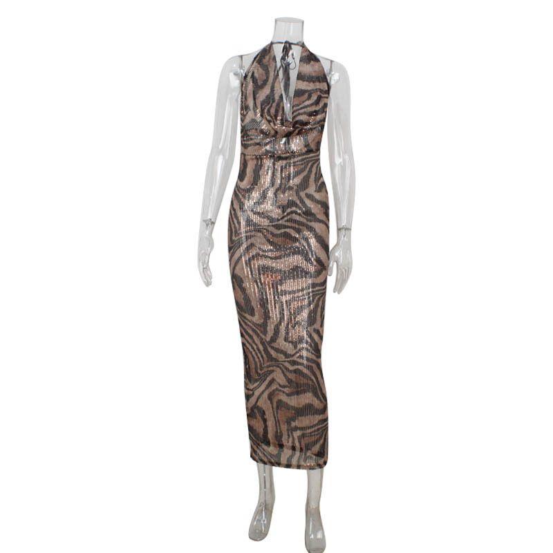 

European and American Hot-Selling New Style Sleeveless Halter Deep V Leopard Print Sexy High-Waisted Slim-Fit Bodycon Dress Elegant Evening Gown Leopard Print [Ready in Stock] S