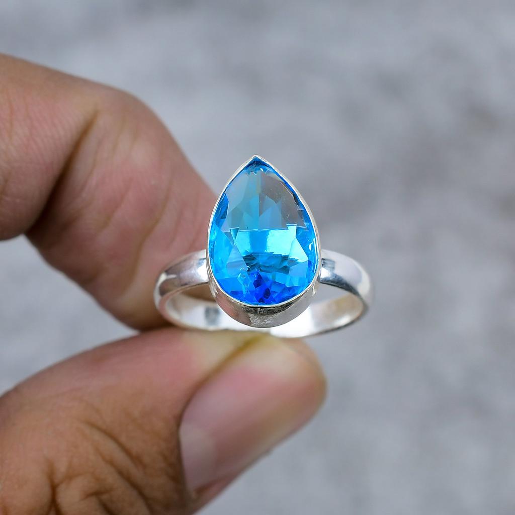 Blue Topaz Gemstone Handmade 925 Sterling Silver Jewelry Ring Size 7 M-269