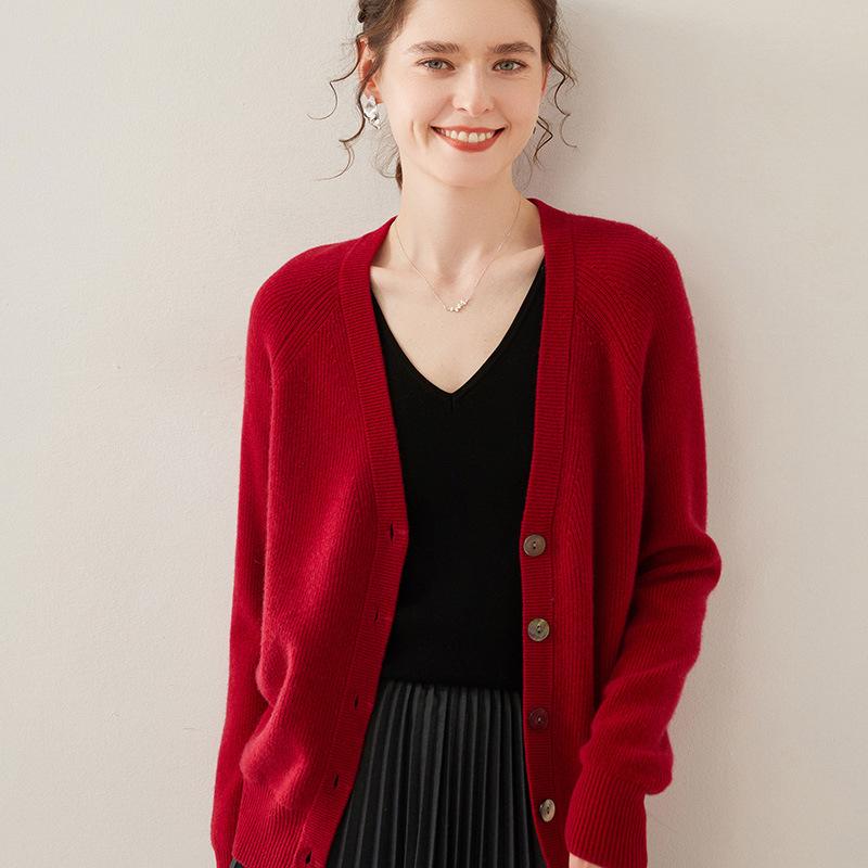Women's Cashmere V-Neck Knit Cardigan - Warm, Loose, Slimming Sweater for Autumn & Winter