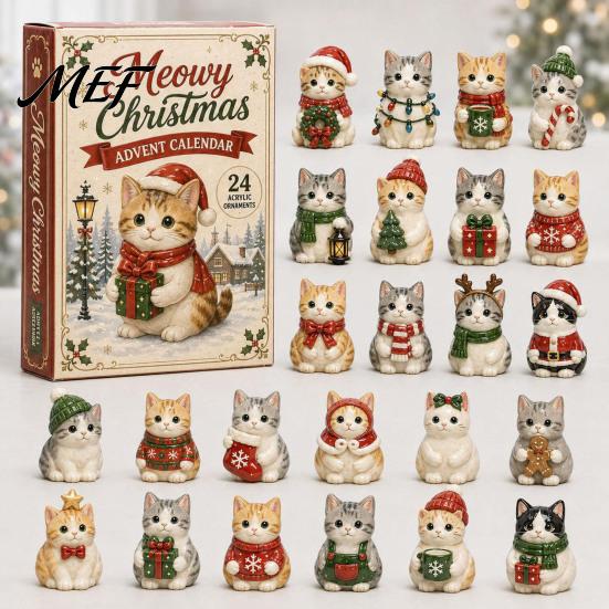 Festive Room Decor Christmas Cat Advent Calendar, 24 Day Countdown with Cute Ornaments, 2D Acrylic Kitty Holiday Decorations, Gift for