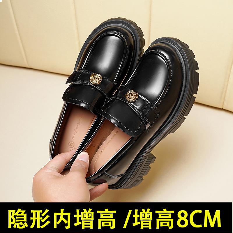 Thick-soled inner height increase women's autumn one-pedal camellia round head small leather shoes single shoes women