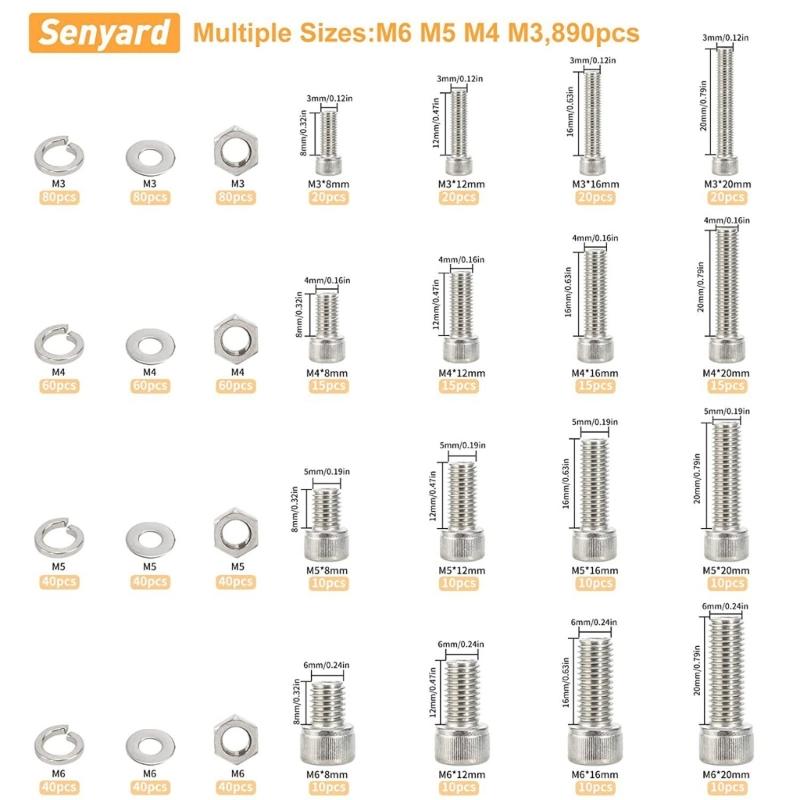 Comprehensive 890Pcs Stainless Steel Metric Bolts and Nut Set M2M3M4 Includes Hex Socket Head Caps and Washers