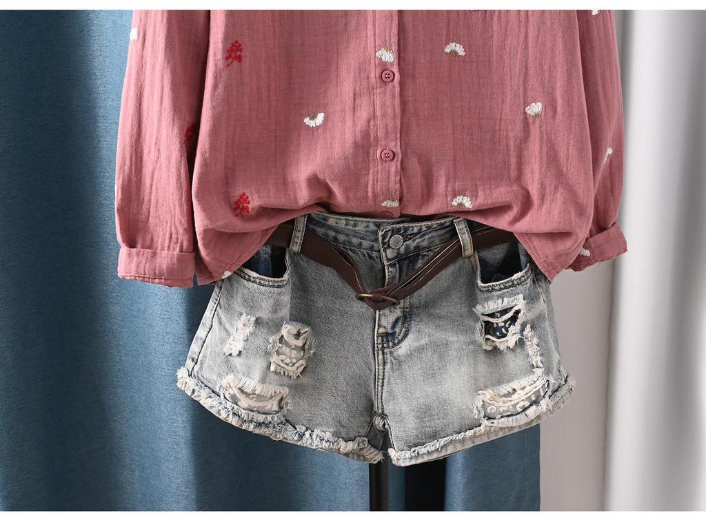 Double-Layer Gauze Floral Embroidered Long-Sleeve Autumn Shirt for Women