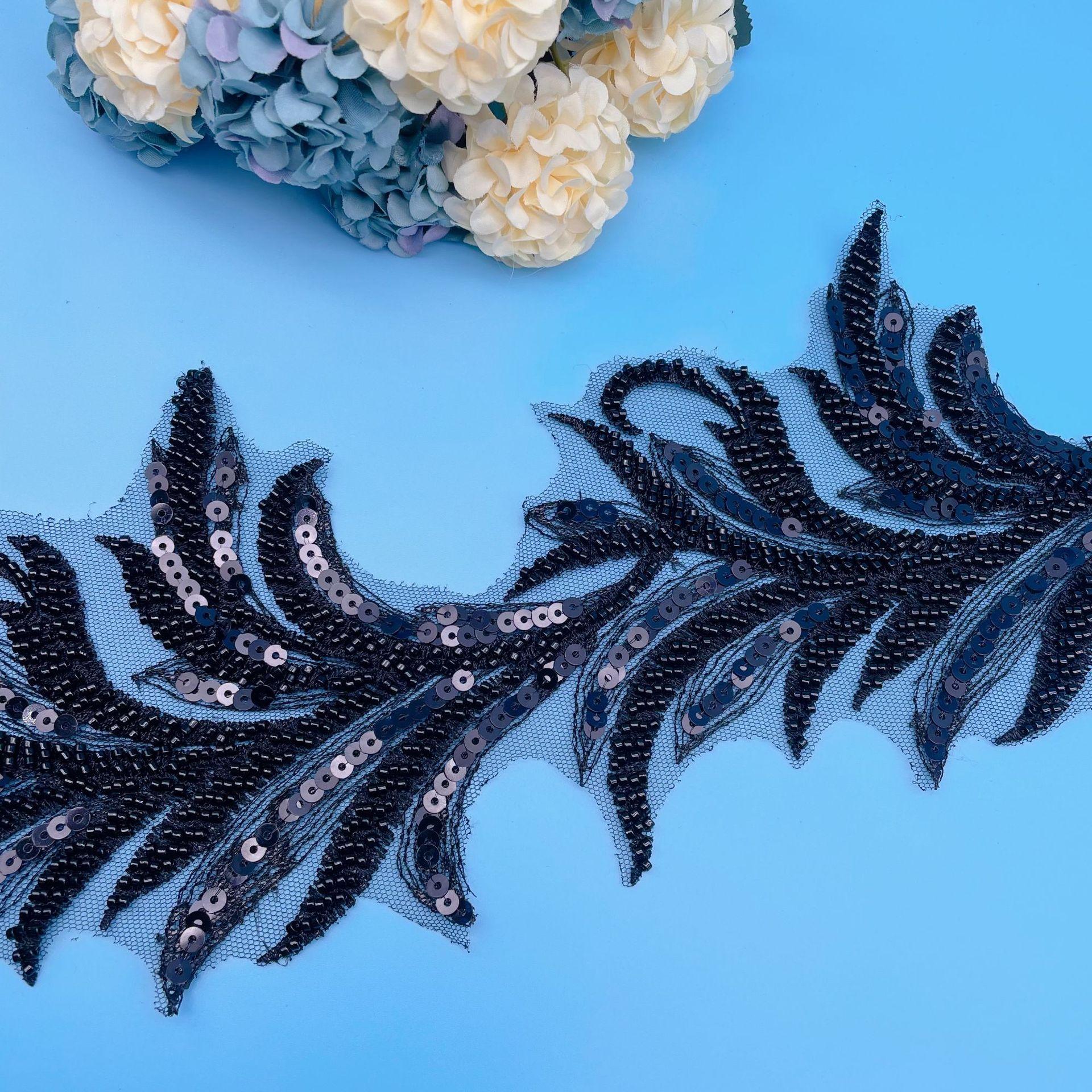 

Heavy Industry Leaf Beads Sequins Embroidery Handmade Lace Leaf Accessories Diy Wedding Dress Belt Headdress Decoration Black (about 14CM wide)