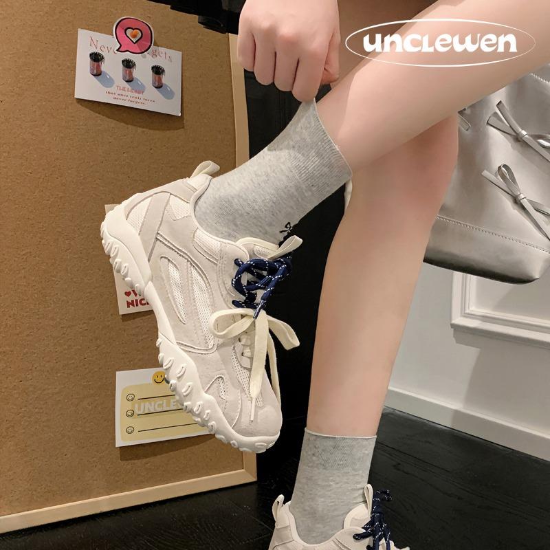 Cowhide~ Inner Height Increase of 6cm Women's Thick-soled Versatile Casual Sports Shoes Leather Breathable Pair of Shoelaces Dad Shoes