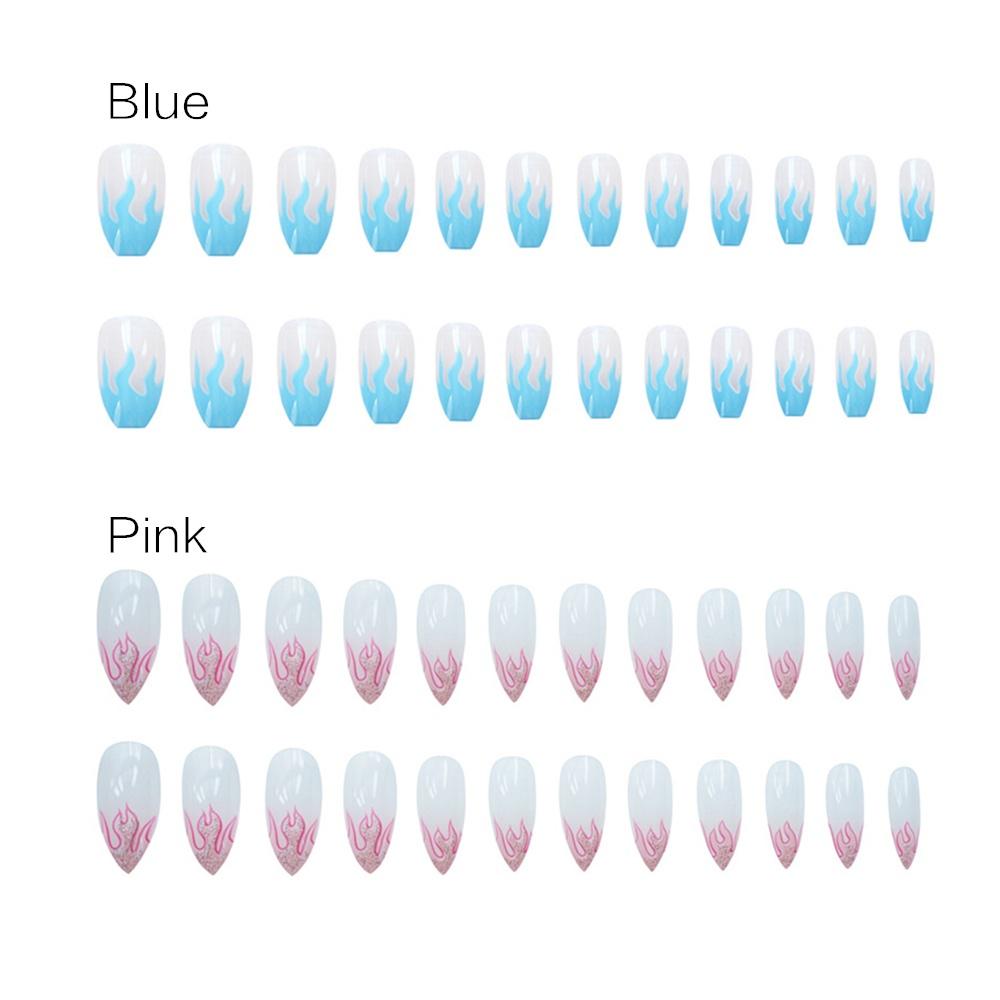 24pcs/set Reusable Flame Fake Nails Acrylic Coffin Ballerina Blue Pink Purple Silver Fire Full Cover False Nails Nail Tips Nail Art Tools